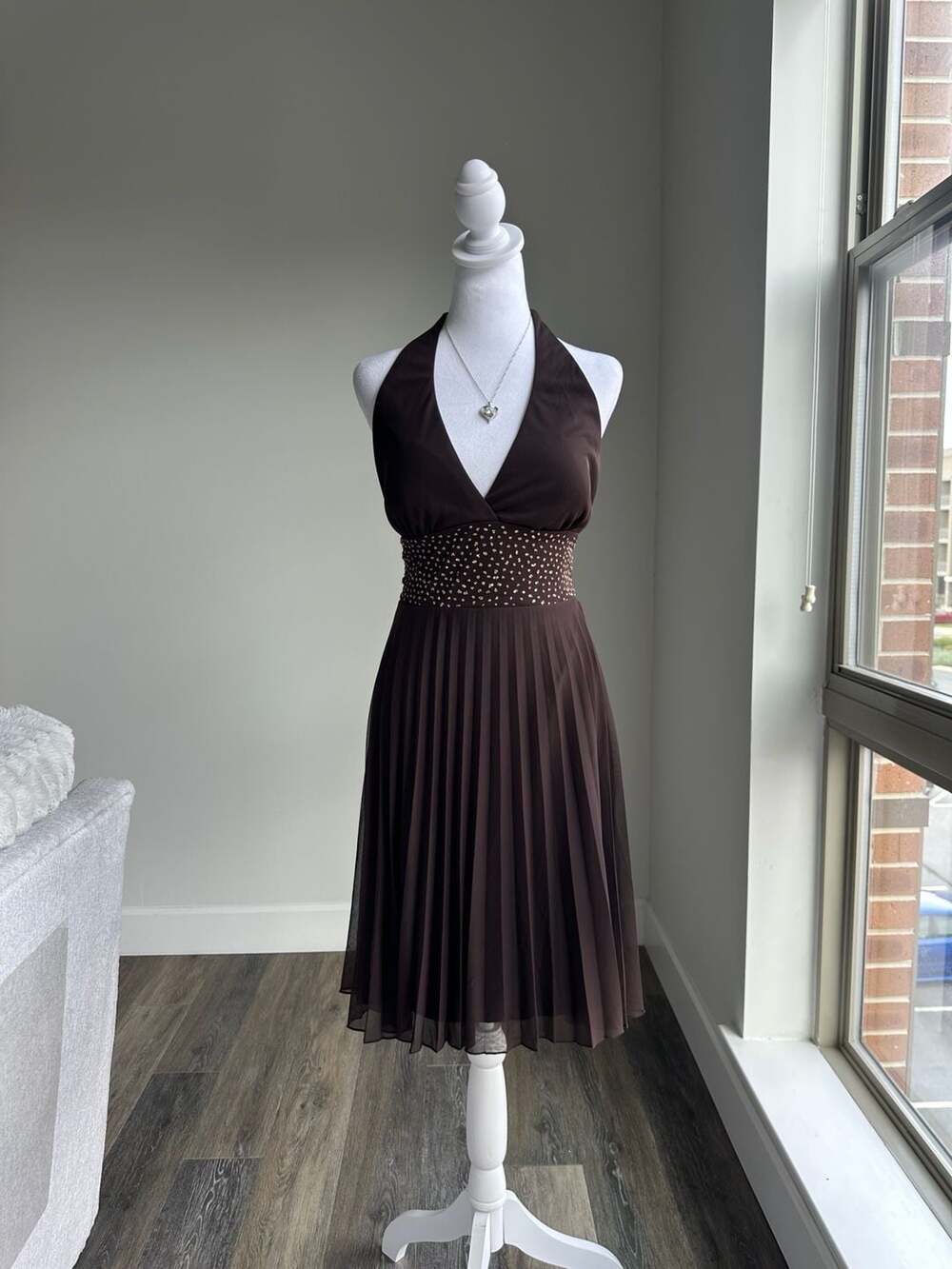 Speechless Vintage Y2K Brown Pleated Chiffon Halter Dress Size L Fall